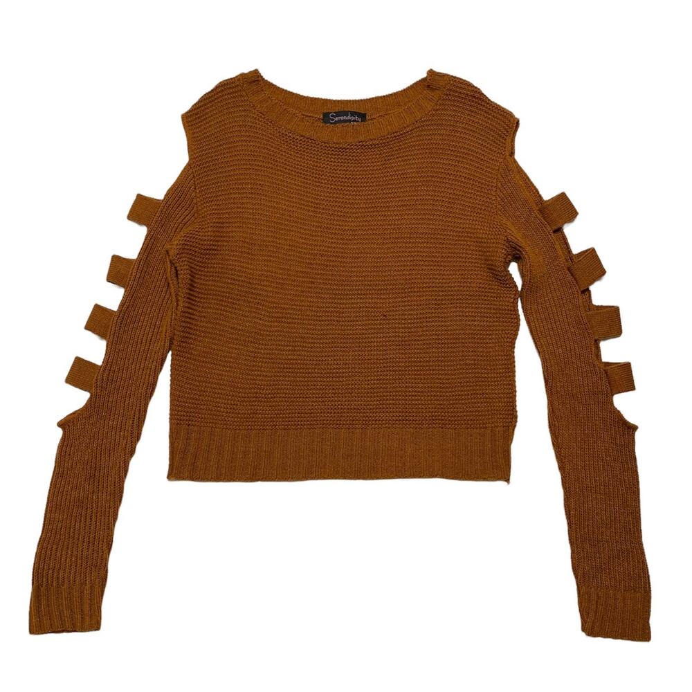 SERENDIPITY BY VICTORIA Brown Long Sleeve Cutout Knit Sweater Large